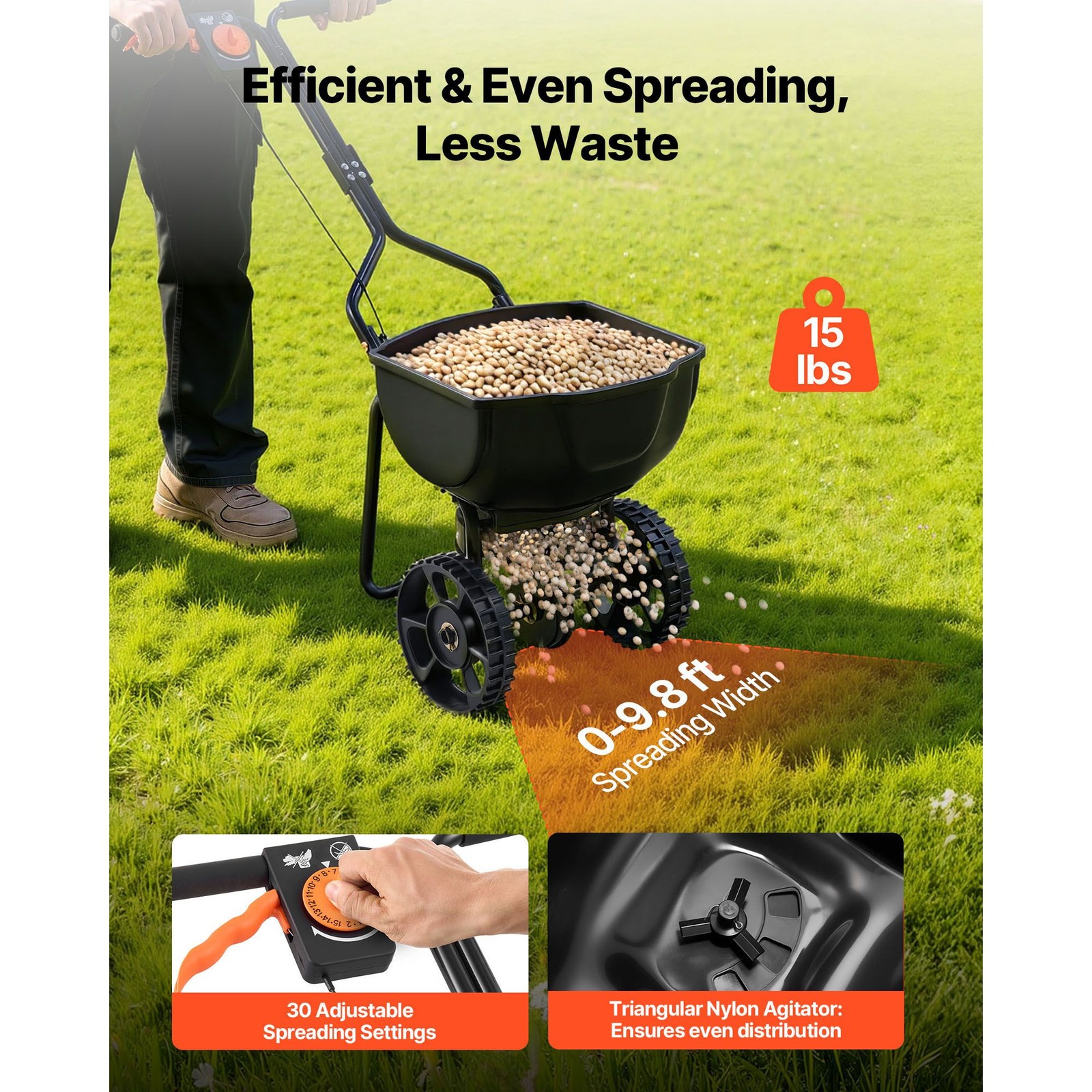 Walk-Behind Spreader, 9.8ft Spreading Width, Push Broadcast Spreader