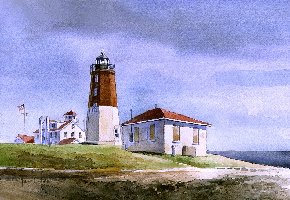 Point Judith Lighthouse, Narragansett Bay, RI. James Mann Watercolor Notecards