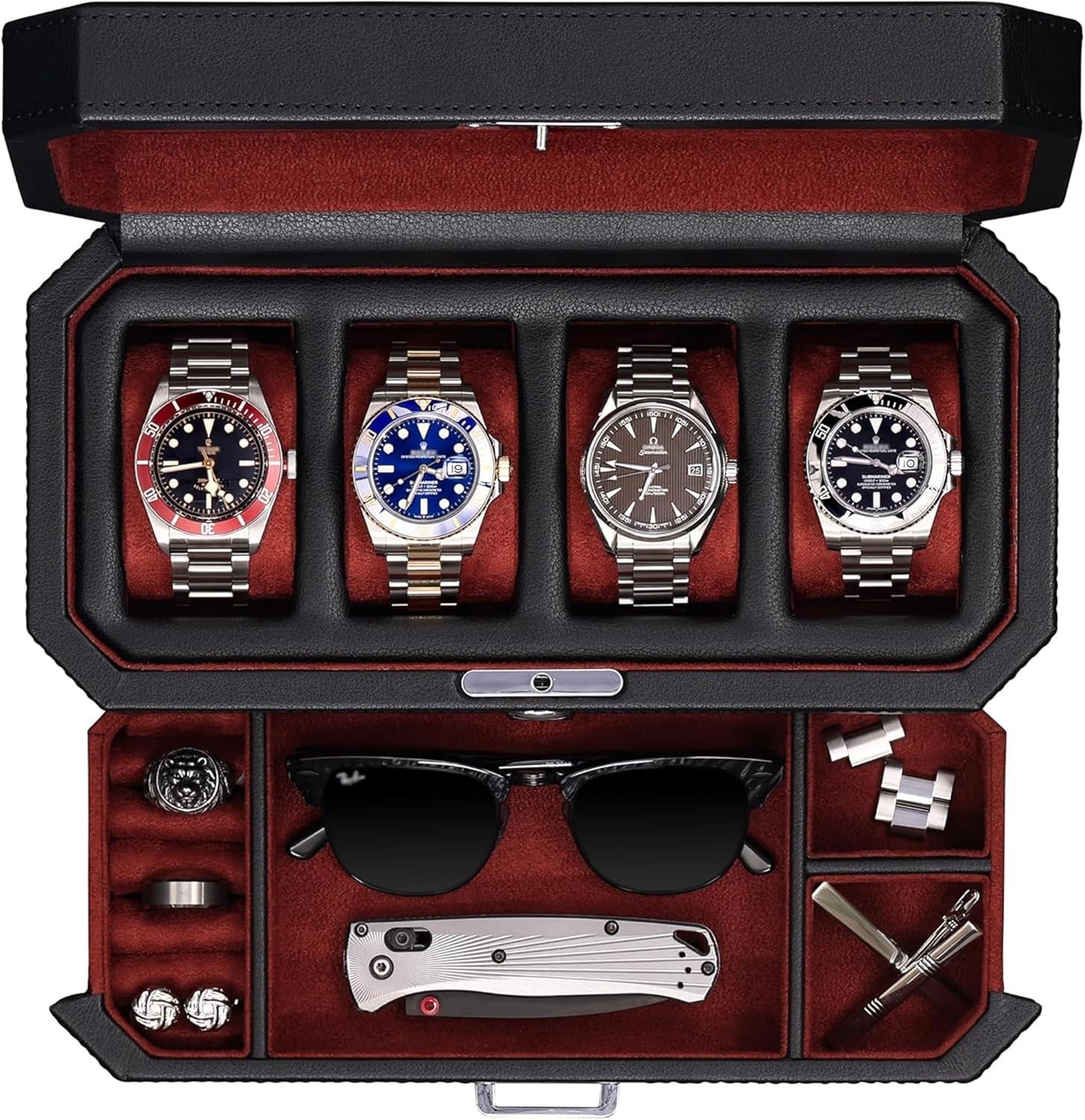 4 Slot Leather Watch Box with Valet Drawer - Luxury Watch Case Display Jewelry O