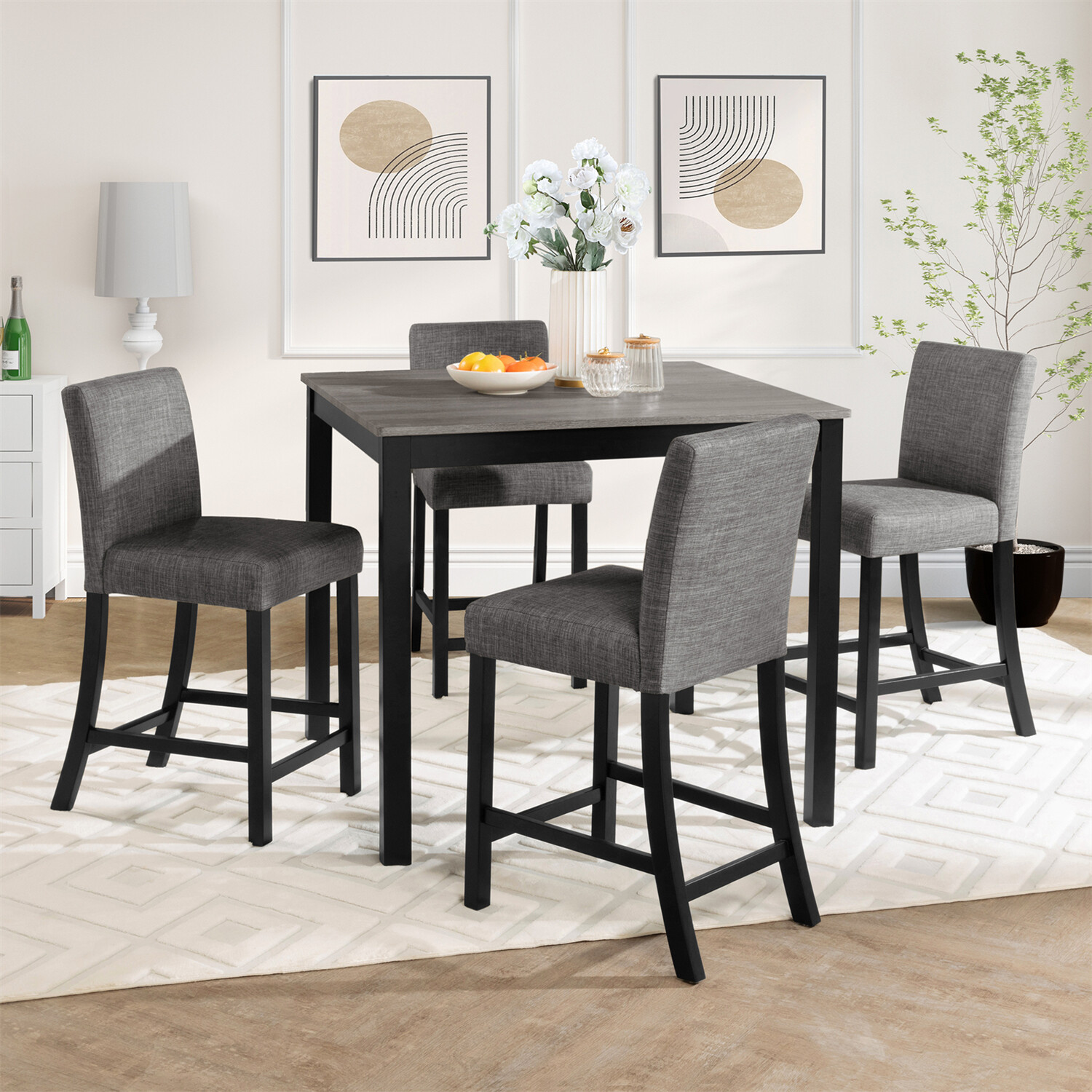 5 Piece Dining Table Set Wooden Dining Table with 4 Upholstered Chairs