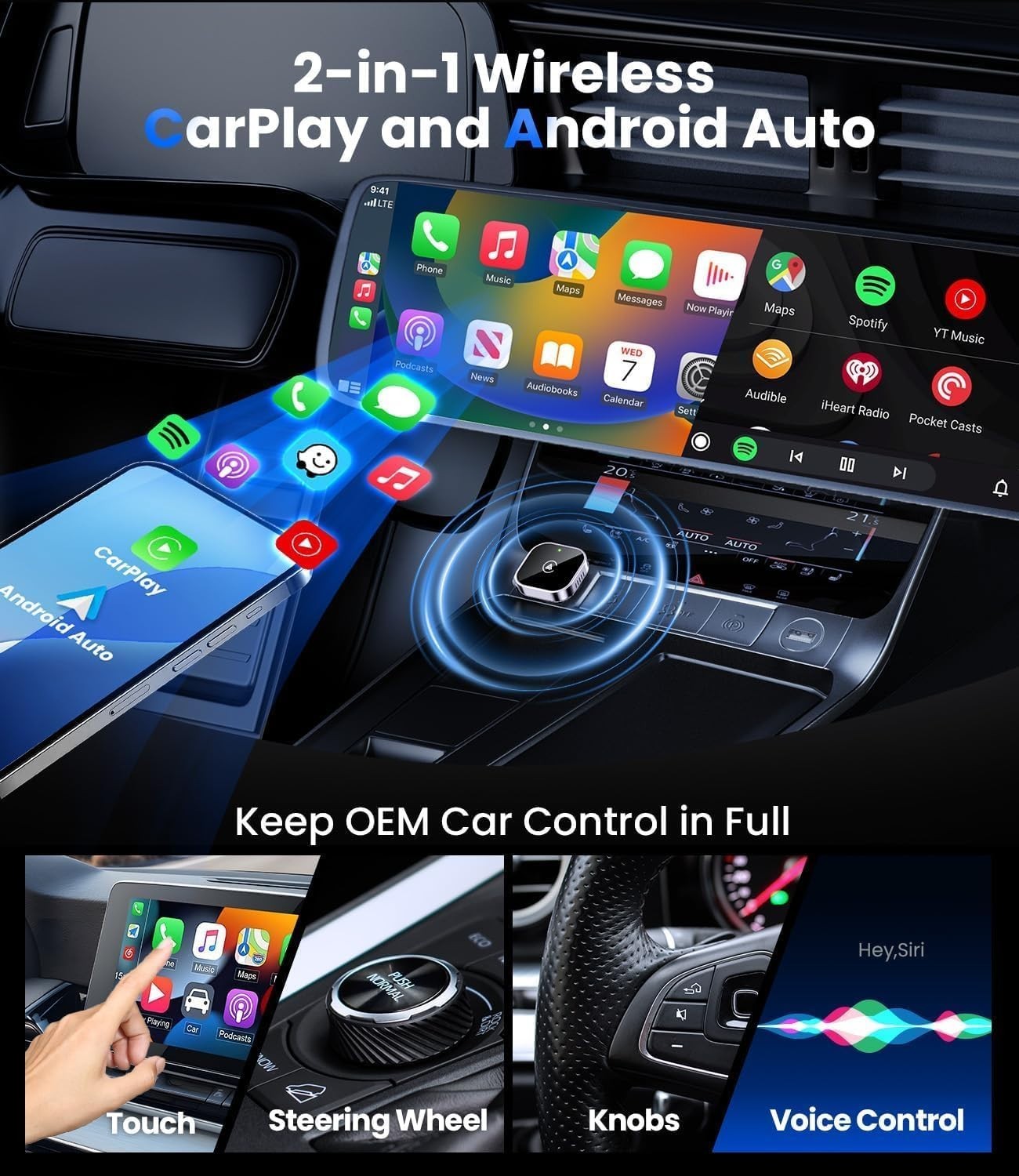 Teeran 2 in 1 Wireless CarPlay and Android Auto Adapter,