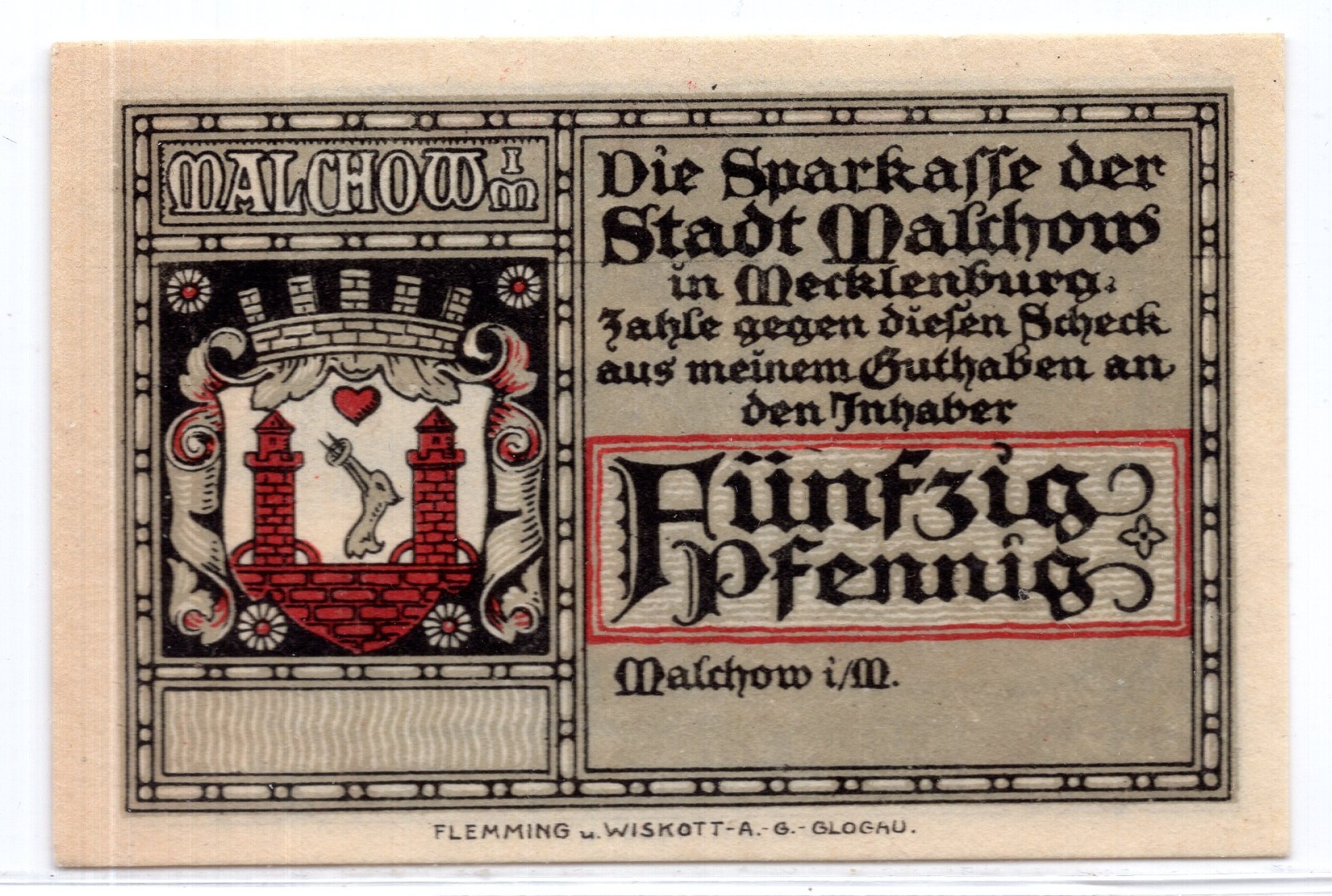 1921 Germany Malchow Notgeld 50 Pfennig Note (NG269)