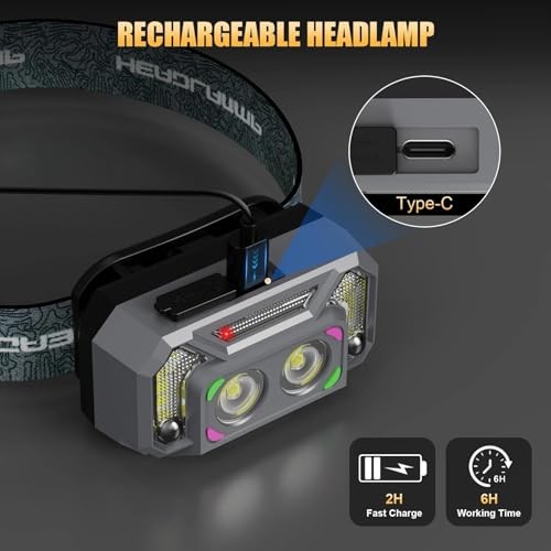 LED Headlamp Lightweight with Red Light Motion Sensor, 5 Modes USB T129 2 Pack
