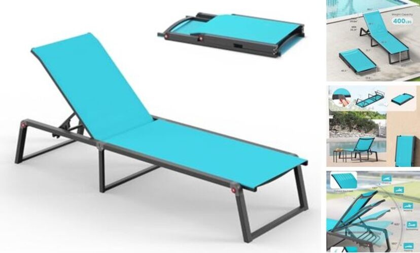 Aluminum Chaise Lounge Chair Outdoor, Foldable & Assembly Free 1 Pack Lake Blue