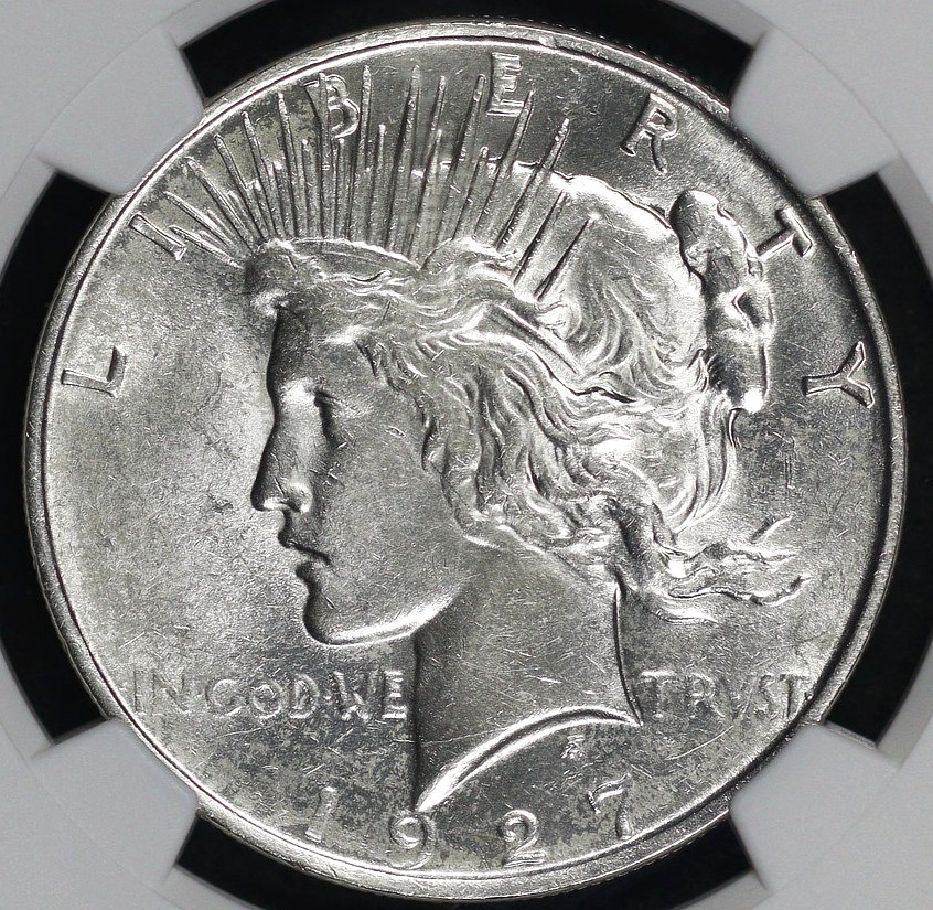 1927 D PEACE DOLLAR NGC MS 61 UNCTUOUS SILVER SATIN LUSTER, STRONG STRIKE, MARKS