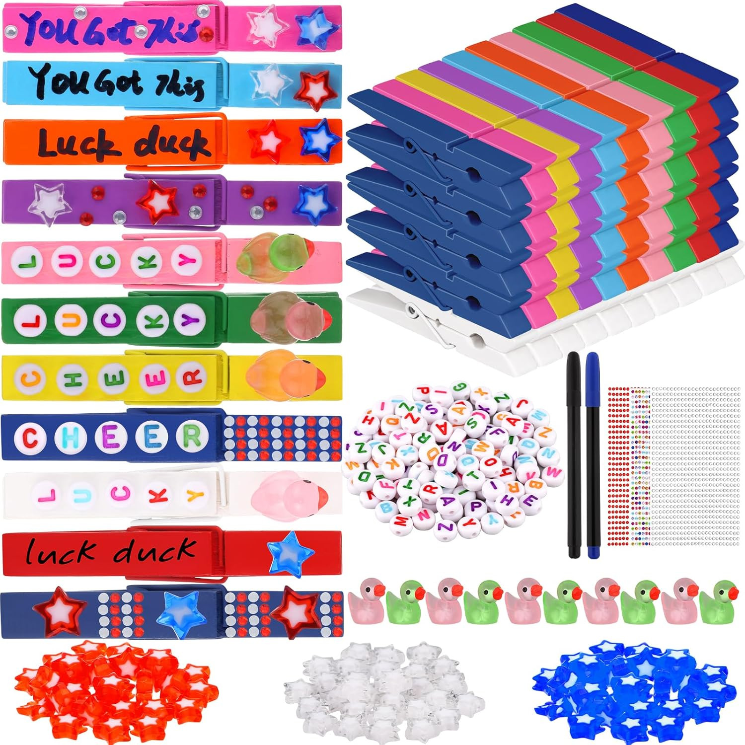 60 Set Cheer Pins Spirit Clips Wooden Clothes Pins for Backpack 3 Bags of Beads