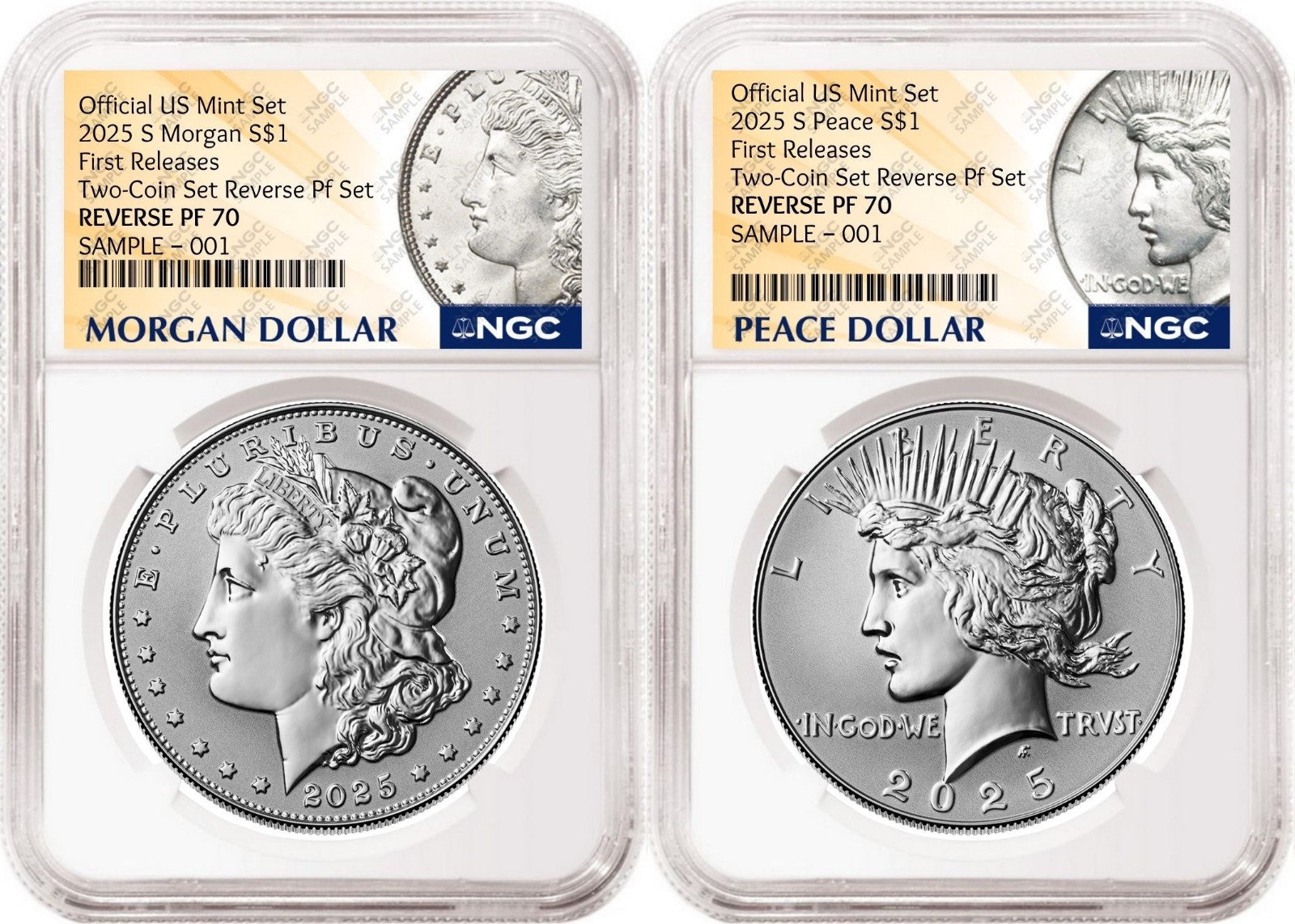 2 coin 2025 Morgan and Peace Reverse Proof Dollar Set NGC RP70 FR MP