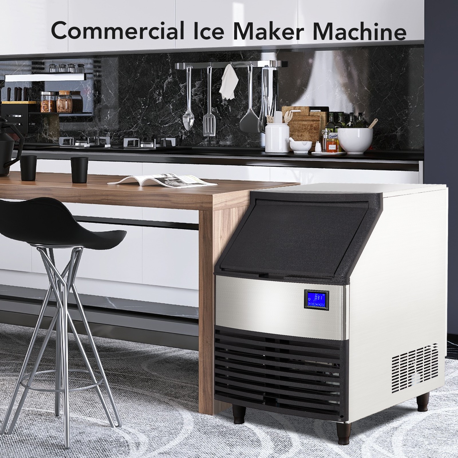 Commercial Ice Maker, Ice Maker Machine with 99lbs Storage Bin 176lbs/24 Hours