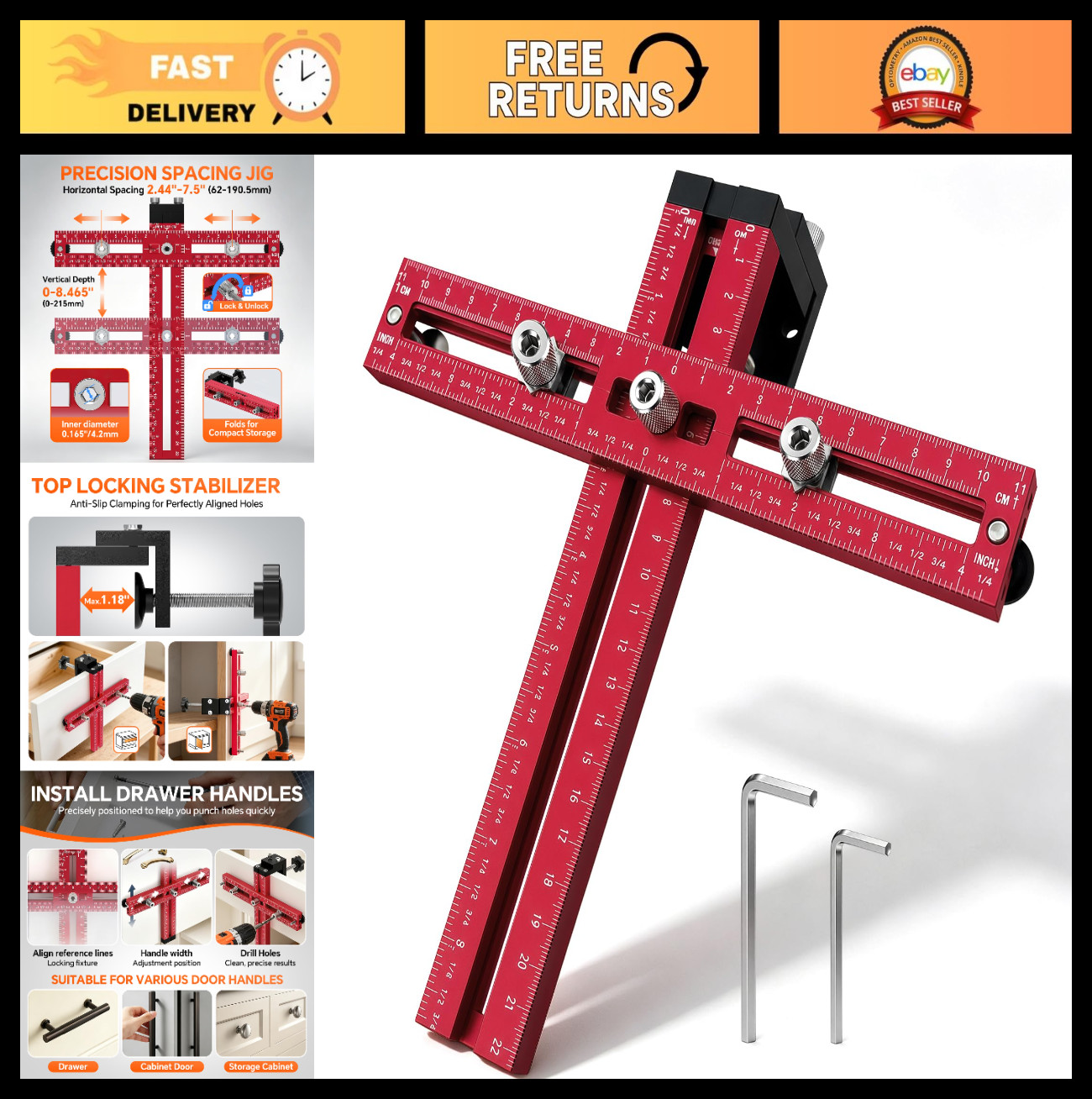 Adjustable Cabinet Hardware Jig Drill Guide Template for Knobs & Handles, DIY To