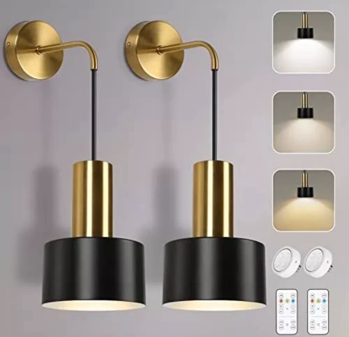 2 Pack Rechargeable Wall Lights with Remote, Dimmable-Black Modern