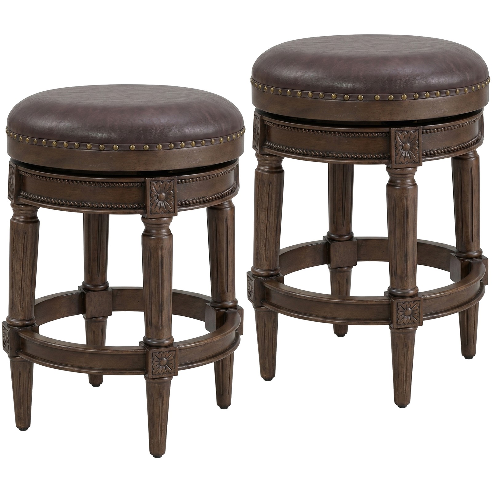 ROME + OAK Runyan 26" Swivel Counter Stool, Walnut, Brown Vegan Leather,Set of 2