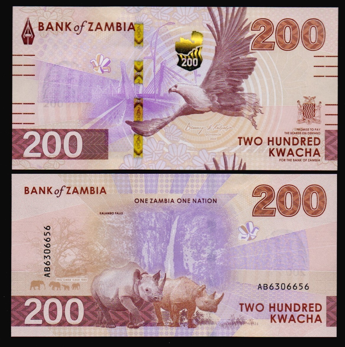 ZAMBIA: B175a P#W66 200 Kwacha 2024 (2025) New series Uncirculated Banknote.