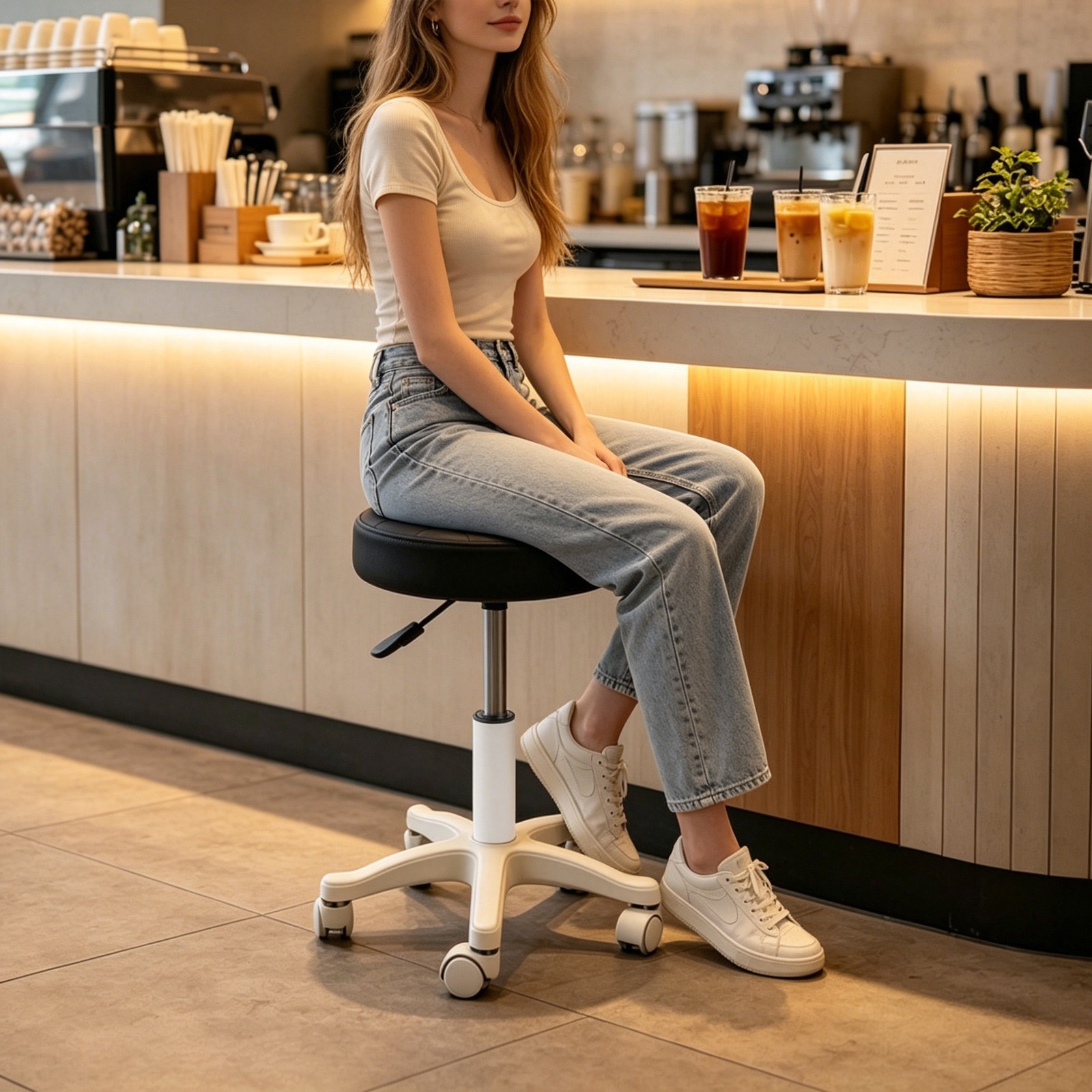 Height Adjustable Bar Stool, Rolling Stool, Salon Stool