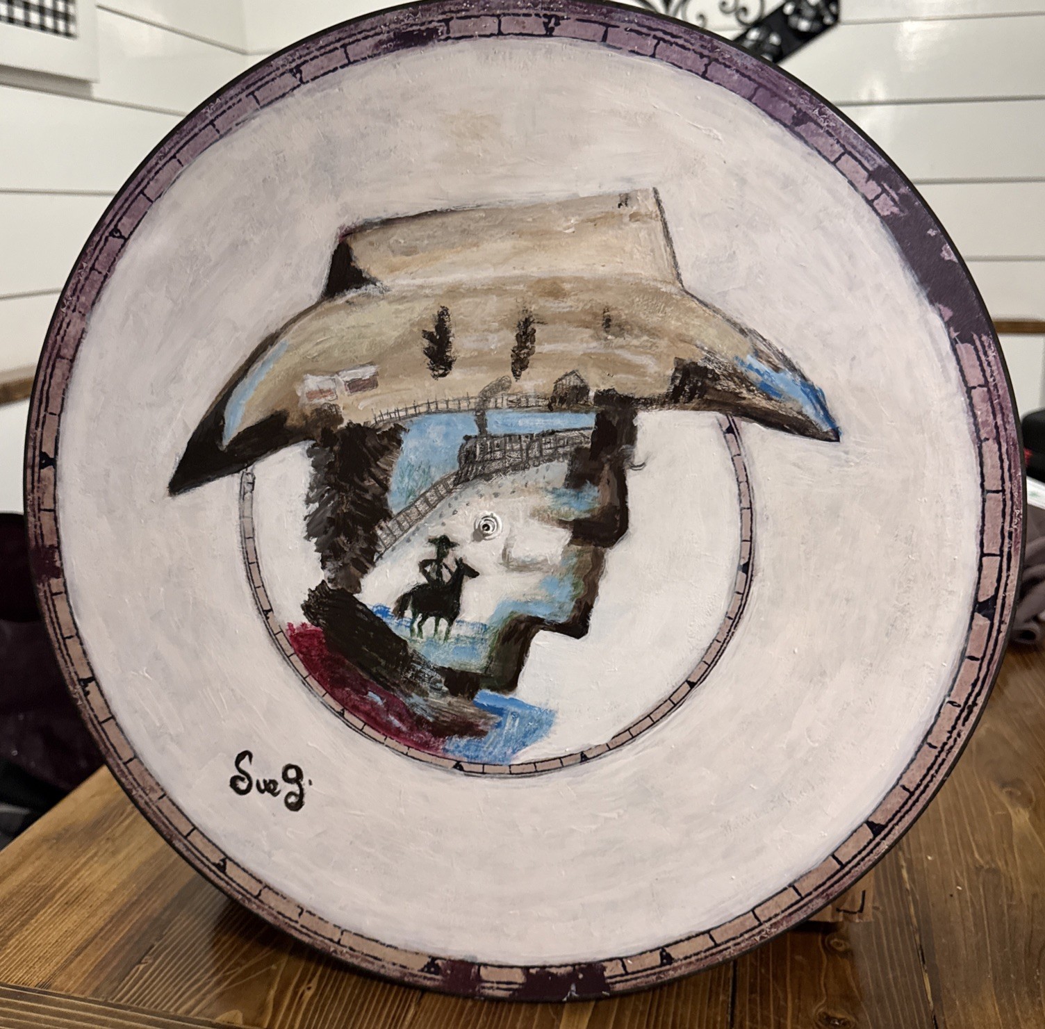 Old Clock Painted signed by artist Cowboy Scene 17” Wide cowboy hat silhouette
