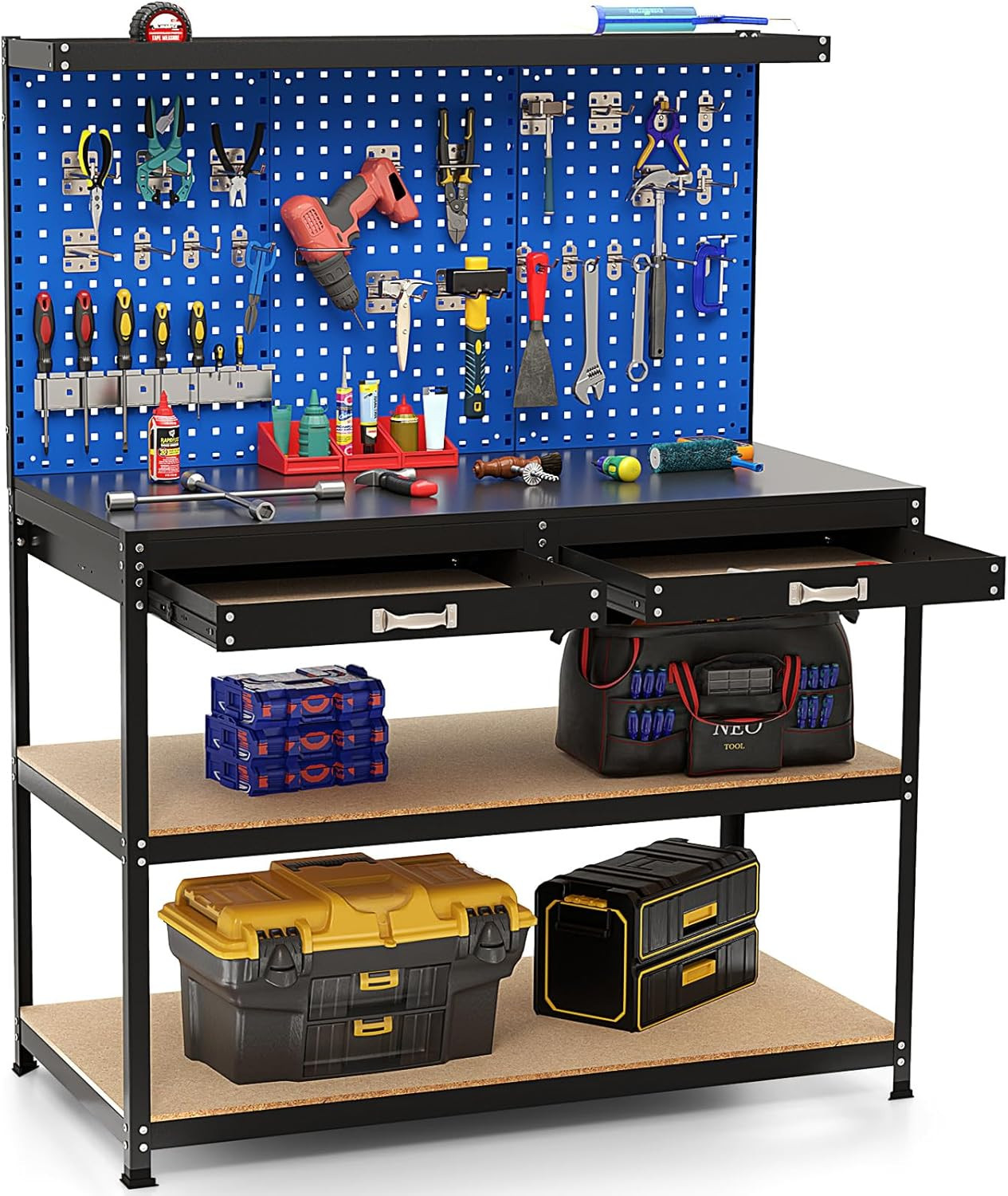 Workbench with Drawers, 48" X 24" Heavy-Duty Work Table with 3 PCS Pegboard & 4