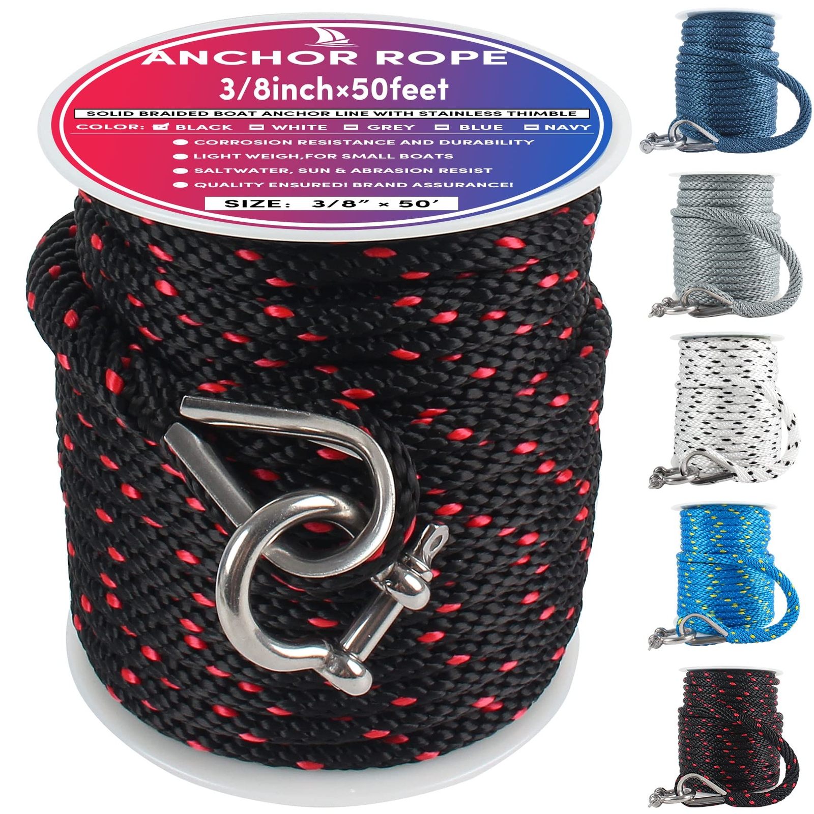 Premium Anchor Rope 50 ft x 3/8 inch Solid Braid MFP Anchor Line Boat Rope Ma...