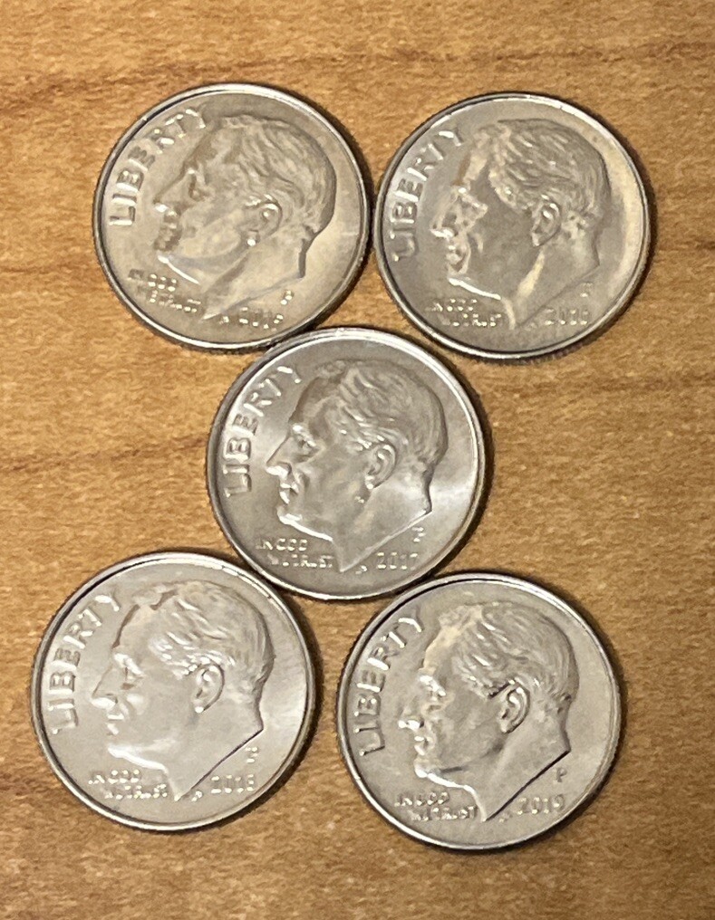 2015-P,2016-P,2017-P,2018-P,2019   Roosevelt Dimes AU   (set of 5 )
