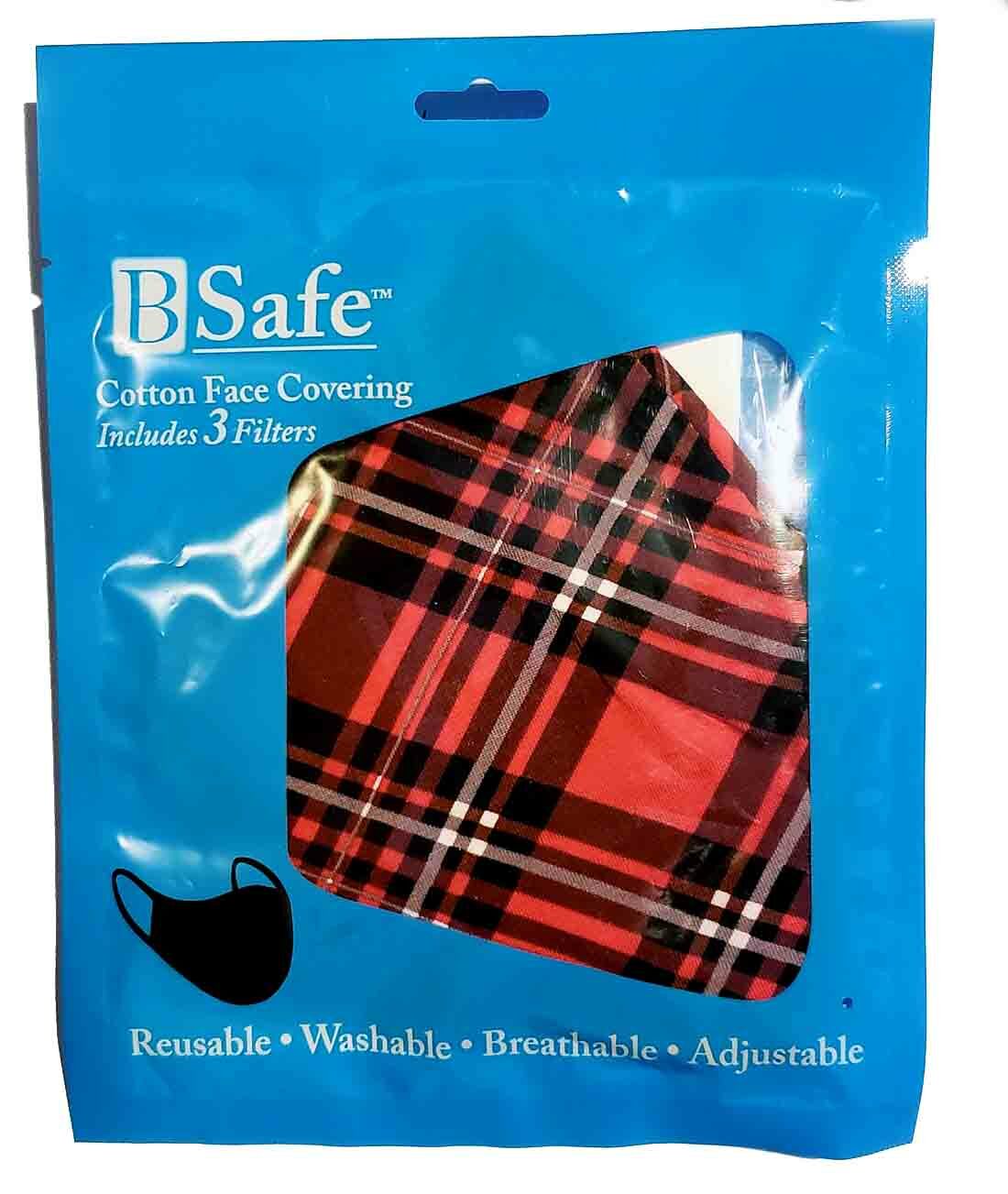 BSafe Adult Face Cover with 3 Filters Red Plaid Breathable Washable SEALED