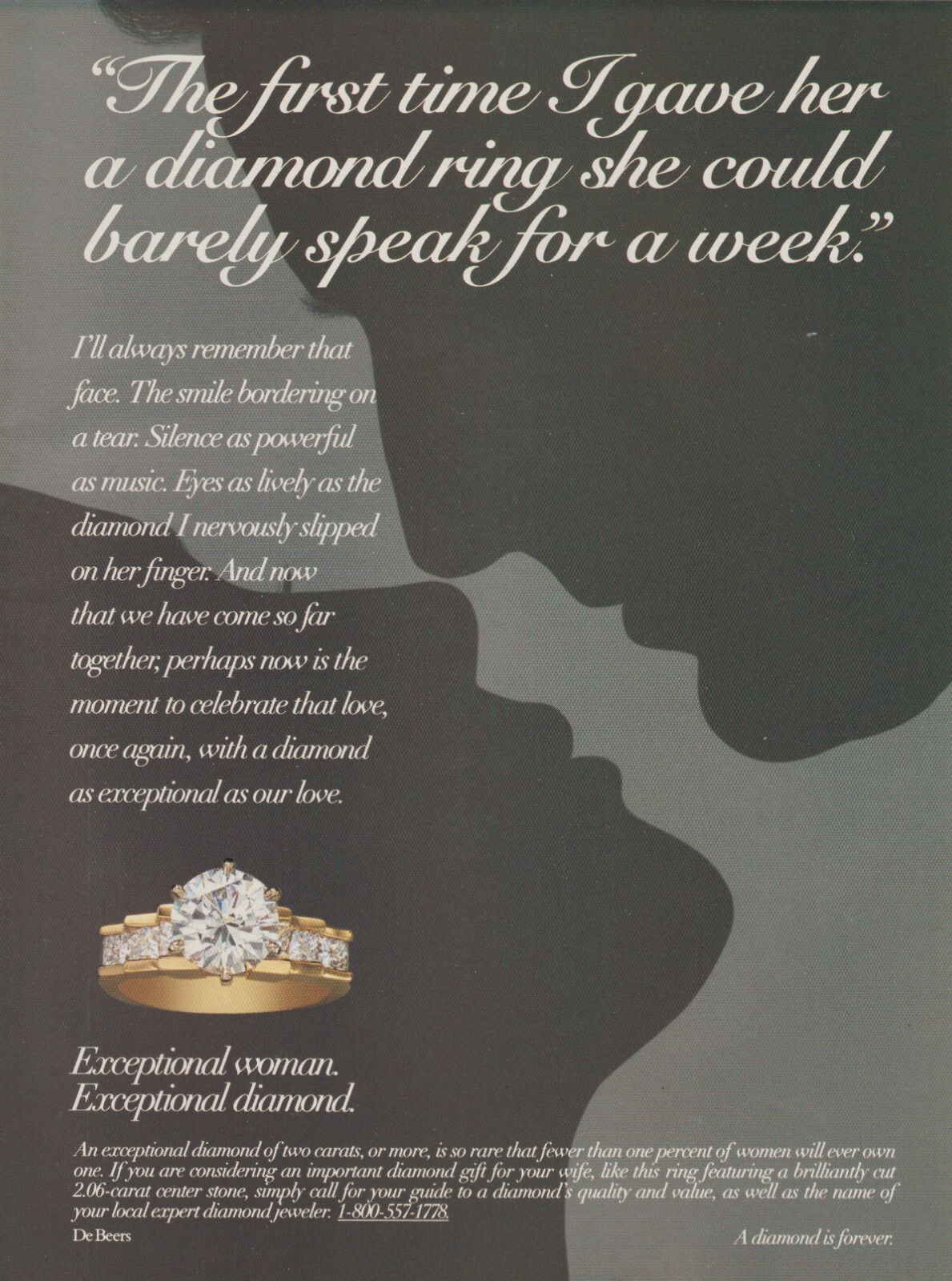 1993 De Beers Jewelry - Silhouette Kissing Couple "Barely Speak"- Print Ad Photo