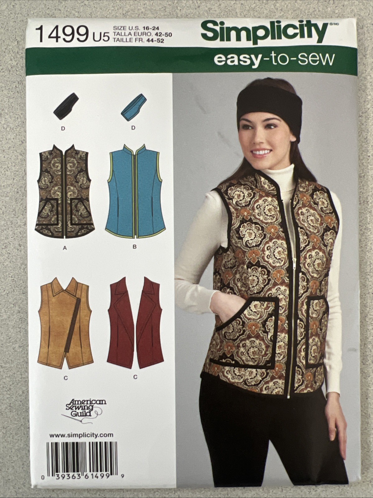 UNCUT Simplicity 1499 Misses Vest Headband Variations U5 (16-24) Sewing Pattern