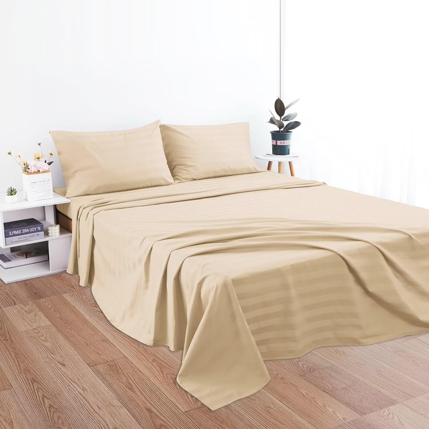 2-Pack TwinXL Flat Sheet 600 Thread Count Egyptian Cotton Striped-Deep Beige