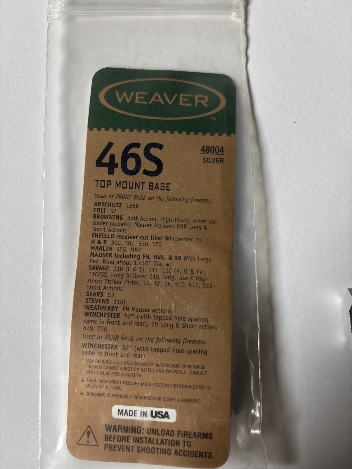 NEW Weaver Scope Base #46S With Screws Silver Browning Mauser Savage
