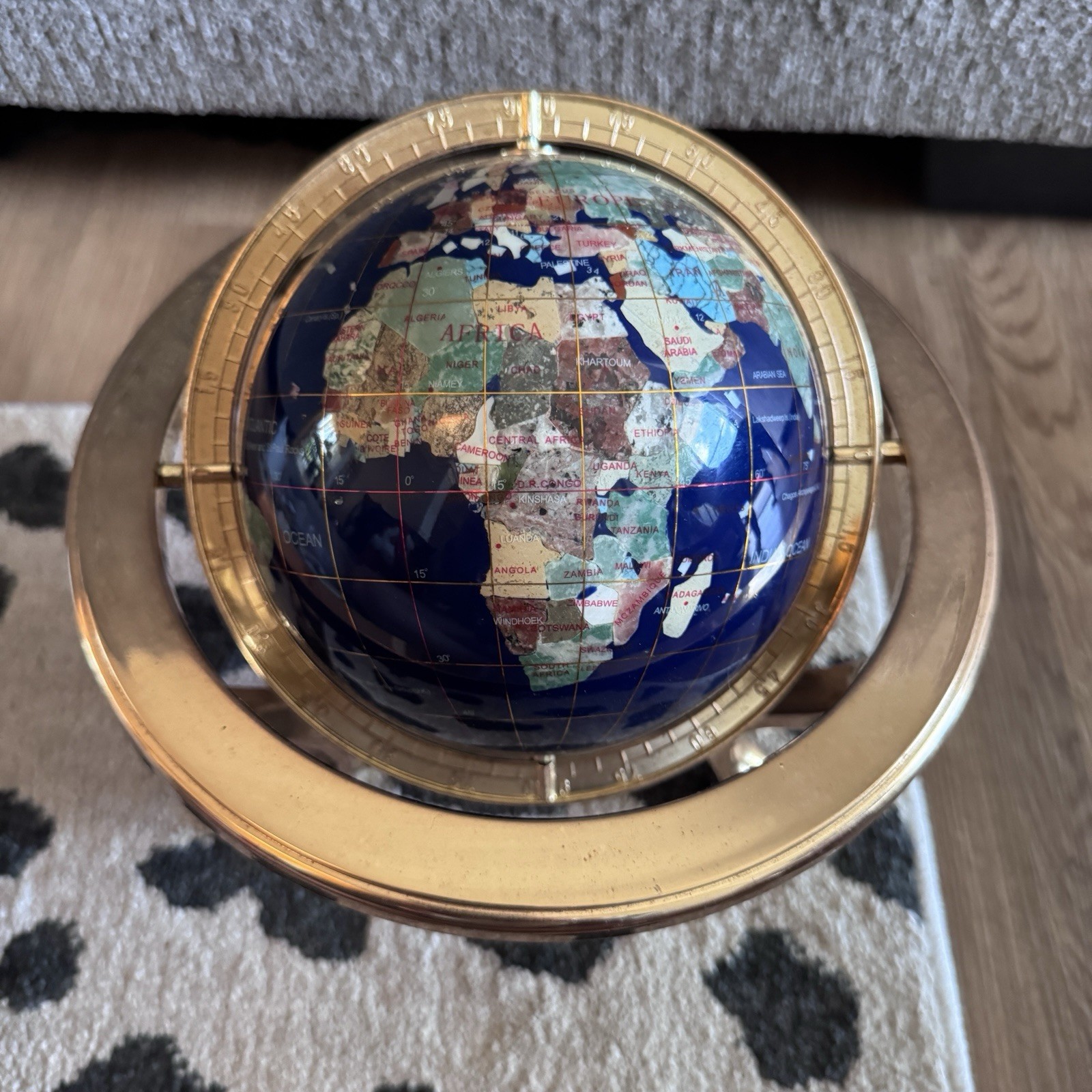 Gemstone World Globe Brass Stand Compass Tabletop Decor 10”