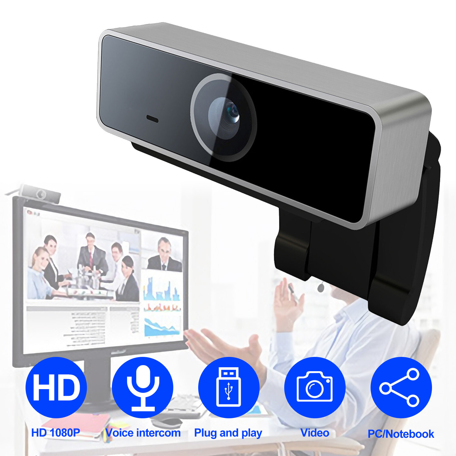 FHD 1080P Webcam USB PC Computer Webcam Auto Focus w/ Microphone Rotatable Clip