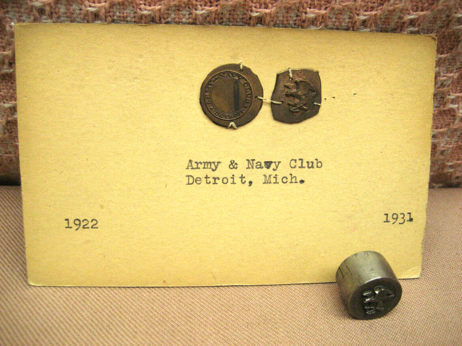 1922 1931 Army & Navy Club Detroit Die Hub Pin Button Blank Sales Record Card
