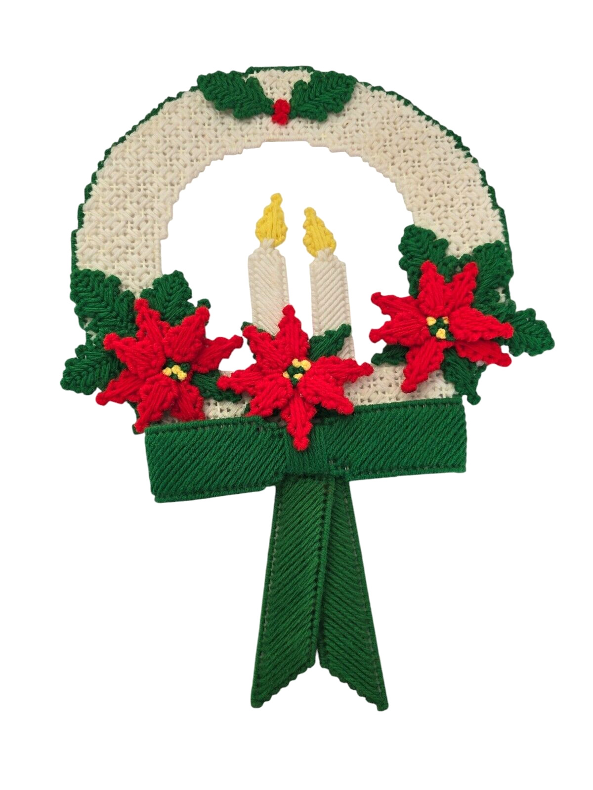 Vtg Handcrafted Plastic Canvas 3D Christmas Wreath 14” Poinsettias Candles Holly