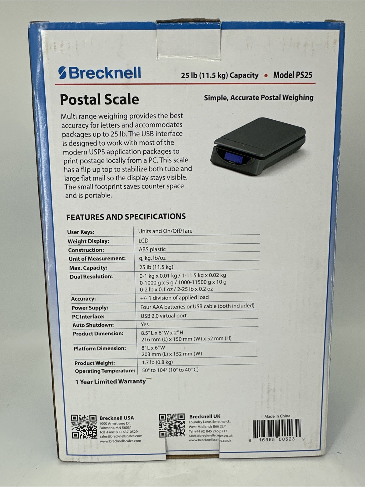 Brecknell PS25 LED Electronic Postal Scale 25Ib Capacity Grey PC Interface New