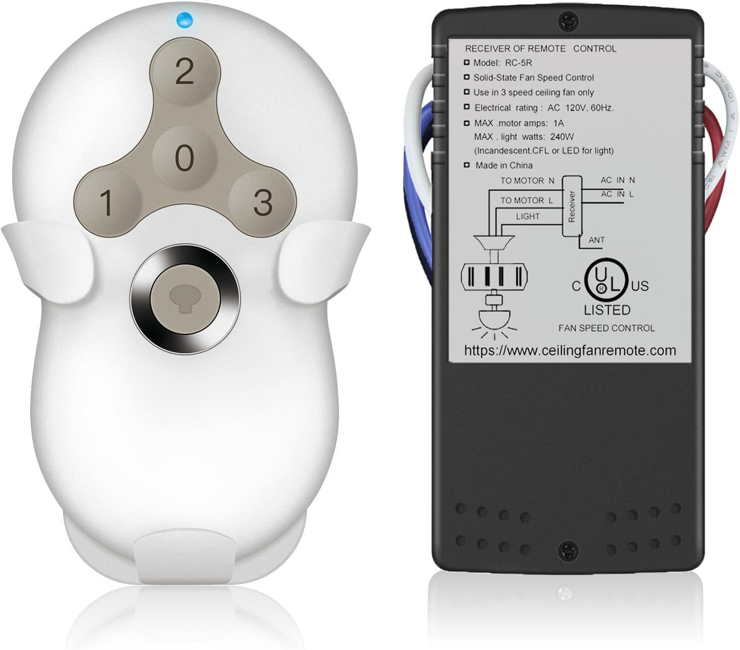 Universal Ceiling Fan Remote Control Kit, 3-Speed Control Fans with Dimmer | Com