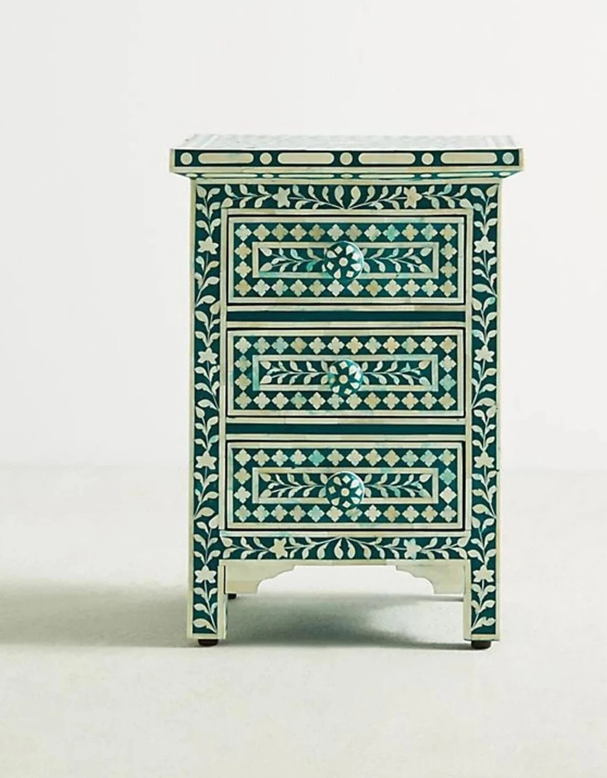 Bone Inlay Floral Design 3-Drawer Bedside Table – Handcrafted Green Side Table