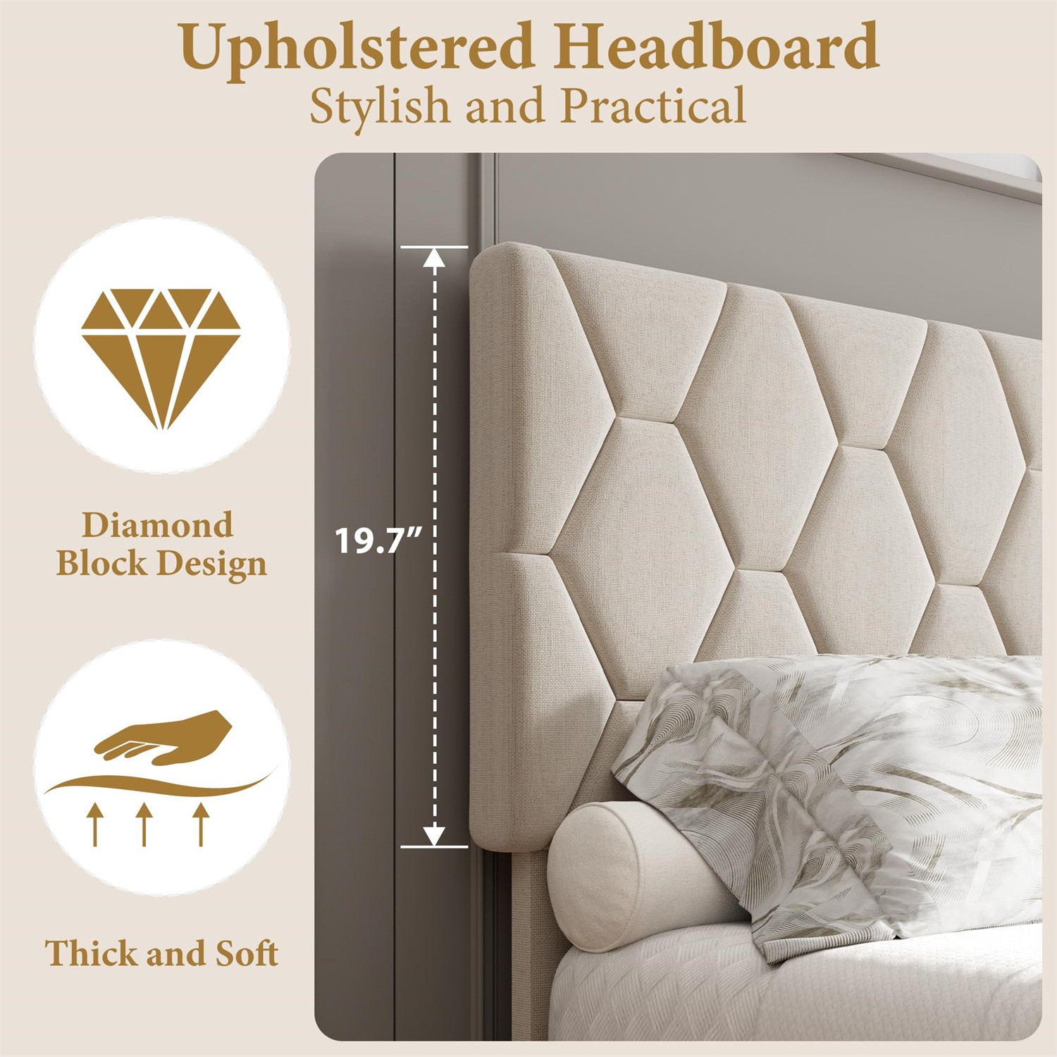 QUEEN Platform Bed Frame with Upholstered Headboard and Wooden Slats Support
