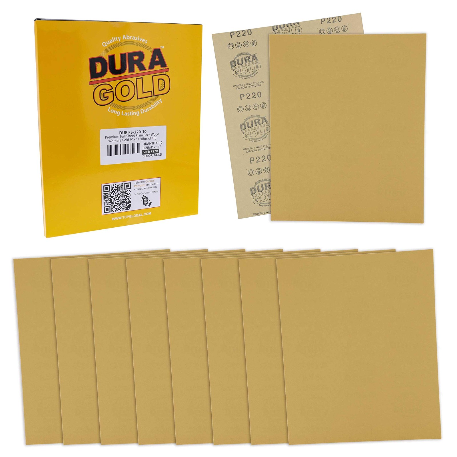 Dura-Gold Premium 9" x 11" Gold Sandpaper Sheets, 220 Grit (Box of 10) - Wood...