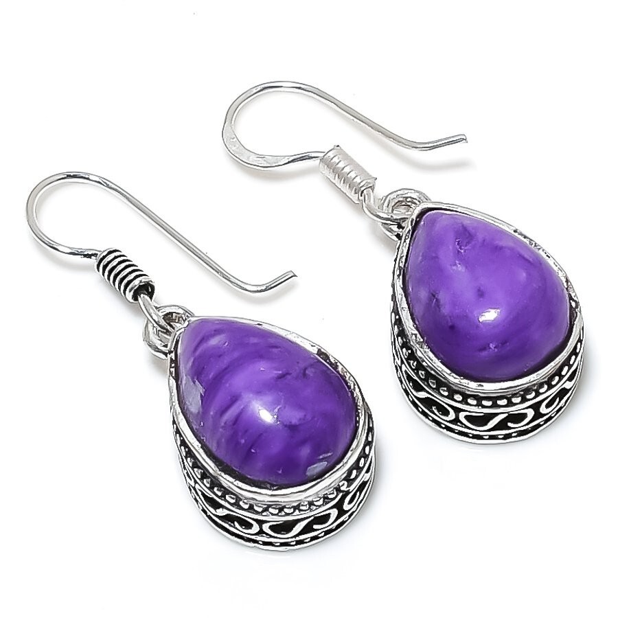 Charoite Gemstone Handmade 925 Sterling Silver Jewelry Earring Sz 1.5''
