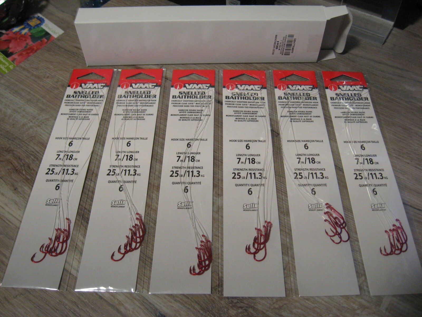 36 Snelled VMC Baitholder Fishhooks Size 6 Red - 6 Packs Bait Holder Fish Hooks