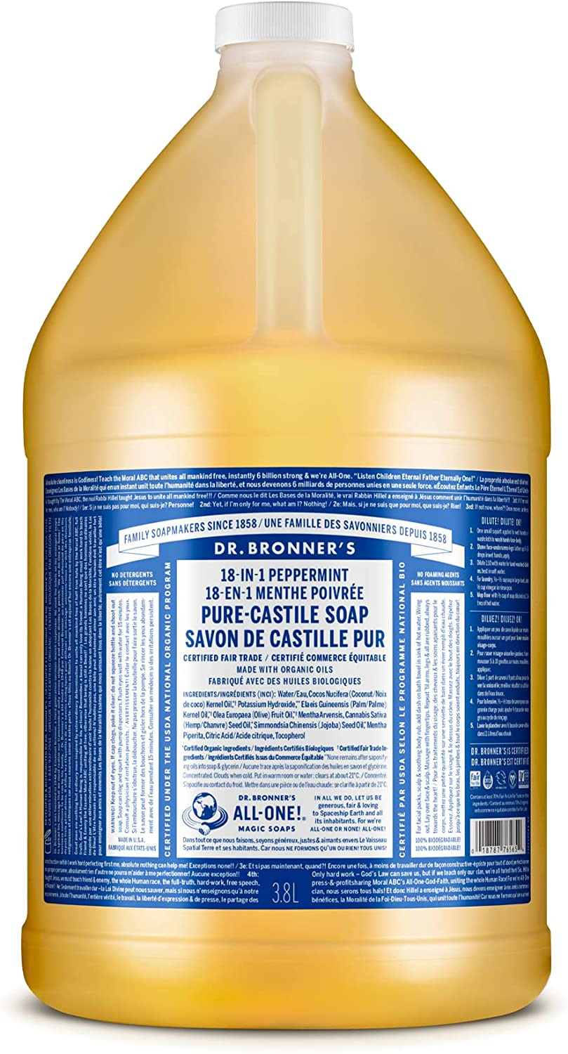 Dr. Bronner's Pure-Castile Liquid Soap Peppermint 1 Gallon Vegan Non-GMO