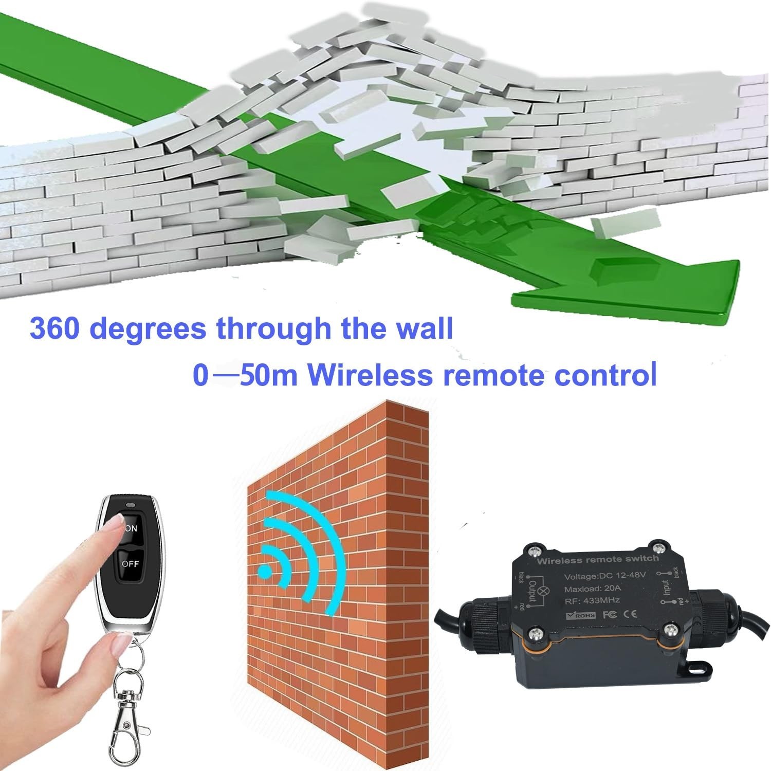 Remote Control Switch, DC12/24/48V Waterproof Wireless 433Mhz Transmitter Rec...