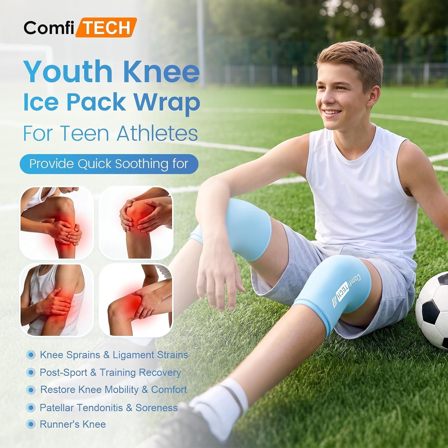 ComfiTECH Youth Knee Gel Ice Pack Wrap Sleeves, 2 Packs, Large 360 Full Coverage