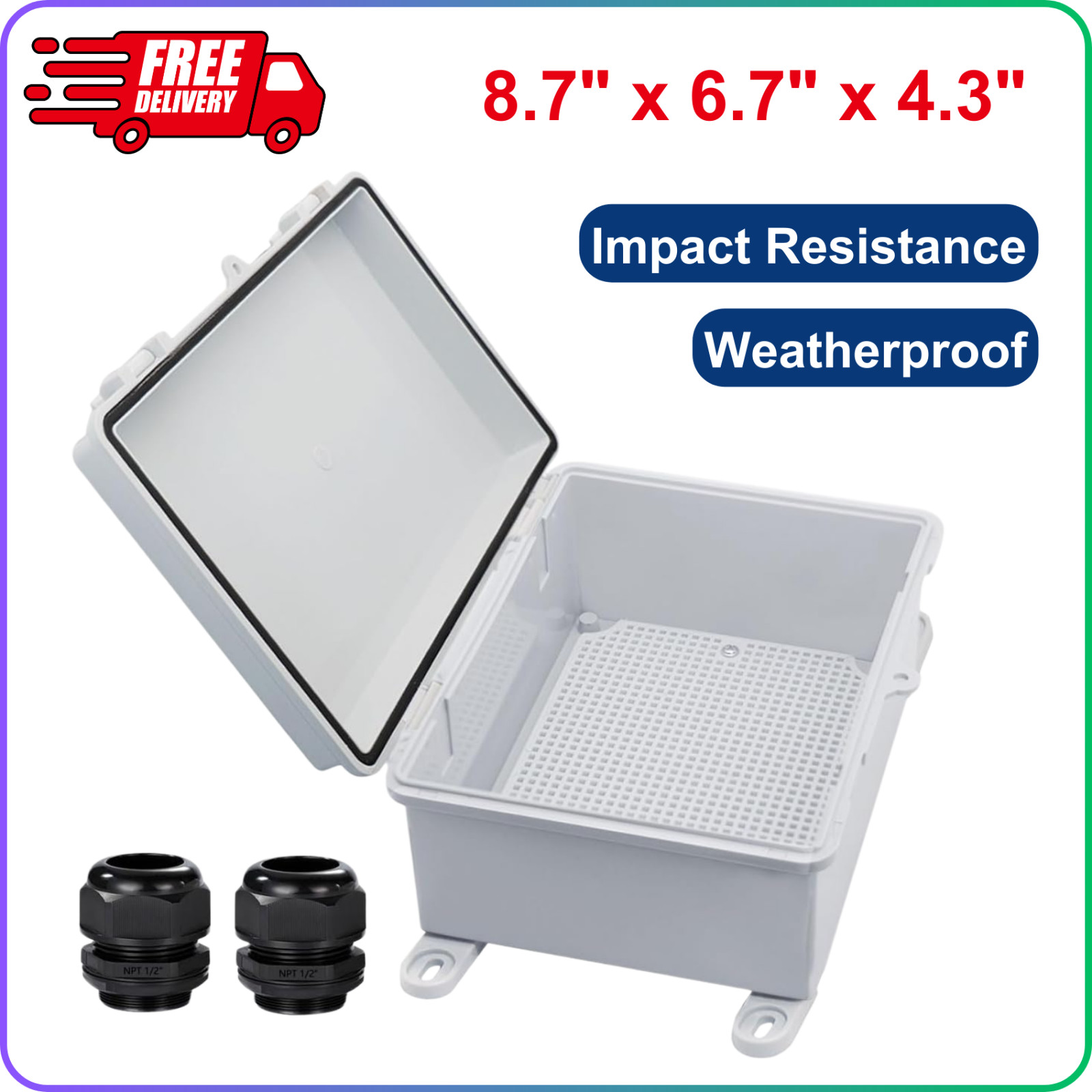 IP67 Waterproof Electrical Junction Box, ABS, Wall Bracket 2Cable Glands, Grey