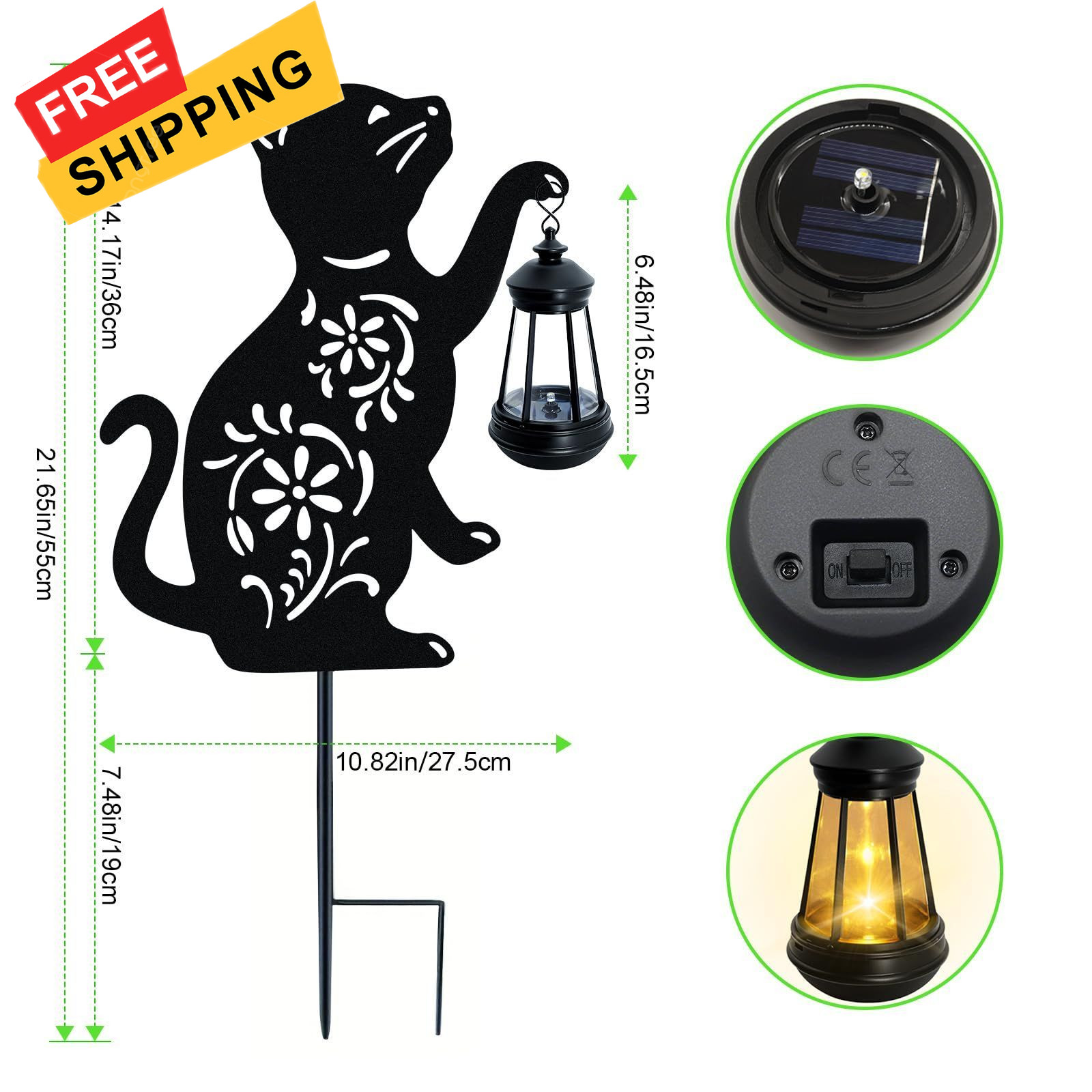 Solar Cat Hanging Lantern Outdoor, 2 Pack Black Lights, cat,