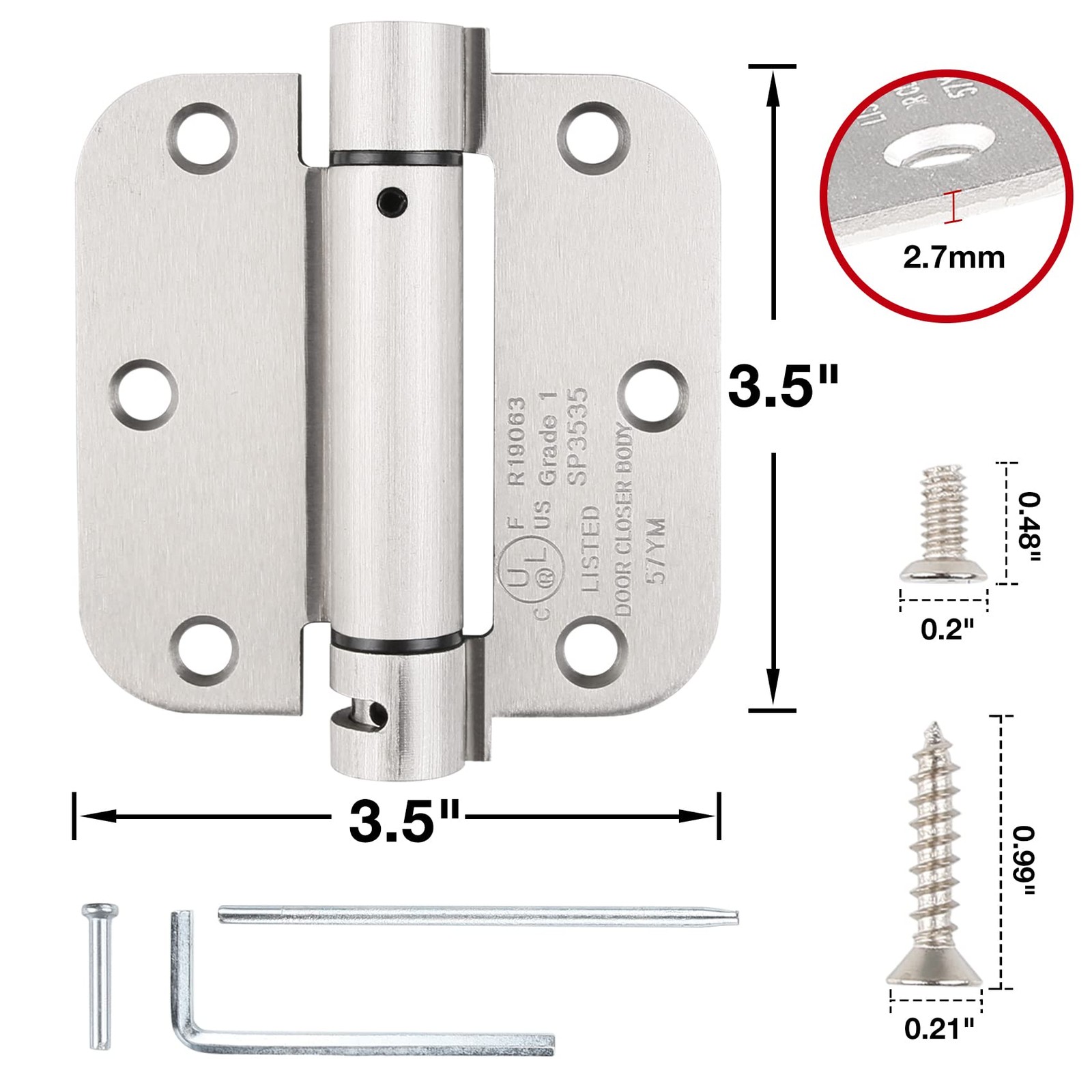 Automatic -Closing Door Hinges Satin Nickel 3.5 Inch,Spring Hinges 5/8" Radiu...