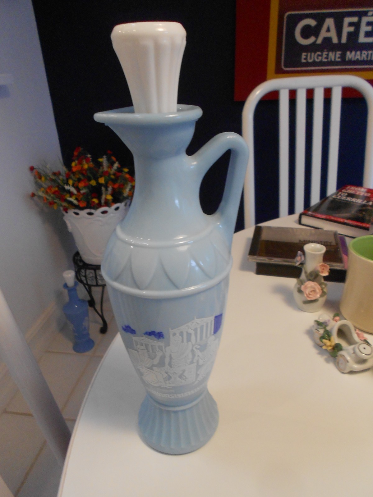 FEDERAL LAW FORBIDS SALE POWDER BLUE GREEK THEME BOTTLE-VERY GOOD 13" TALL