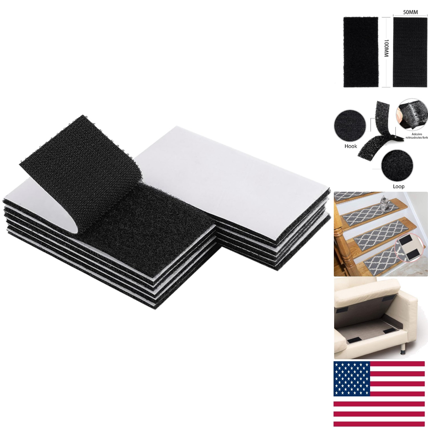 12 Sets of 2x4 Inch Black Adhesive Hook & Loop Tape for Versatile Use