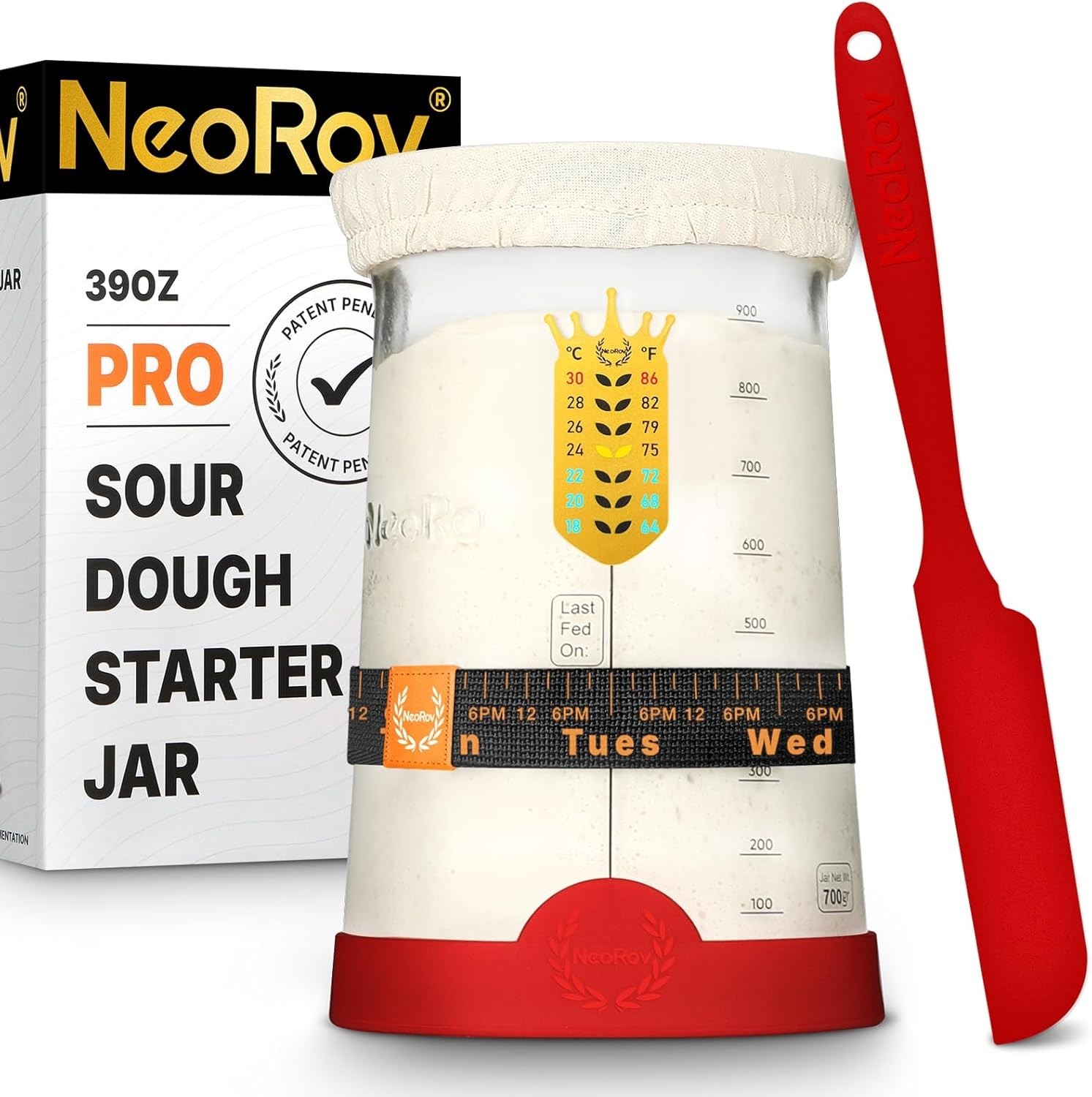 NeoRov Pro Sourdough Starter Kit - 39 Oz Glass Sourdough Starter Jar Red