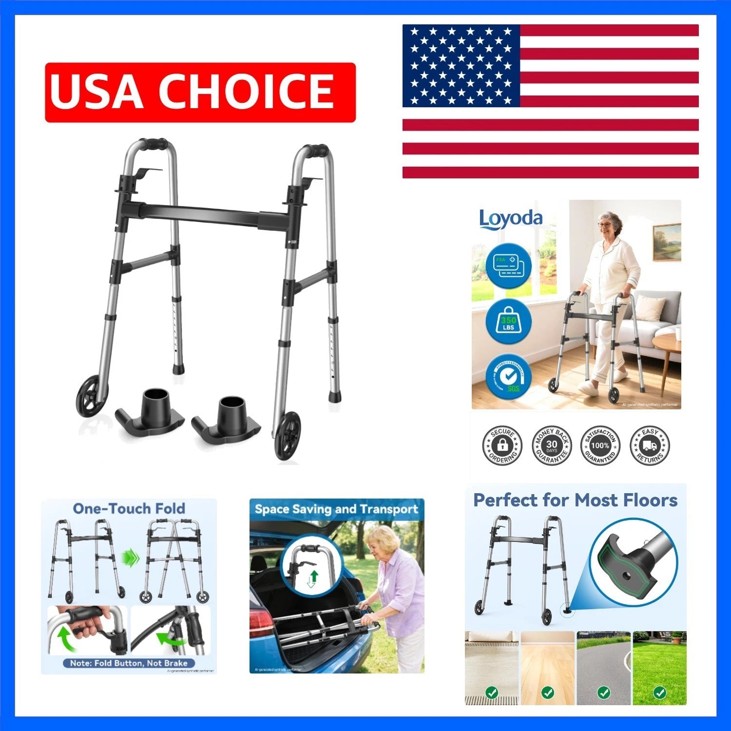 Folding Walker with 2 Skis and 5" Wheels, Lightweight Design, Black | Standar...