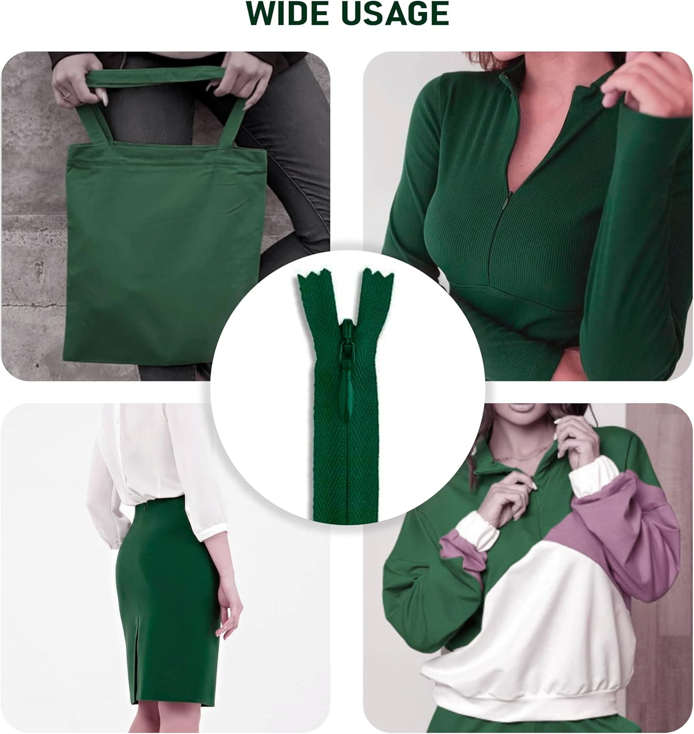 12" Green Zipper Crafts - Non-Separating Nylon Zipper for Sewing