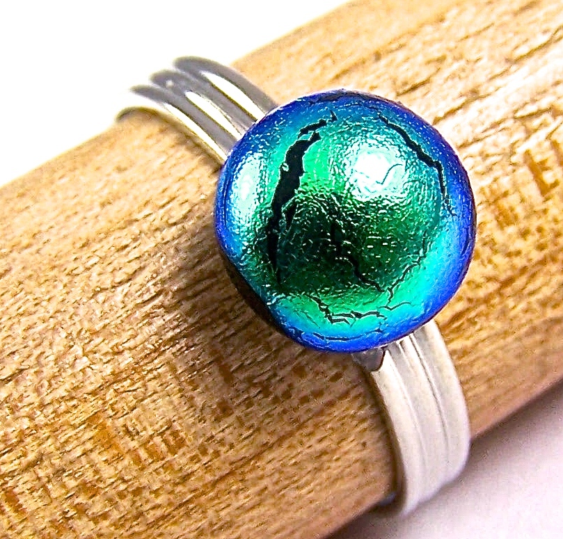 Ring Adjustable Green Emerald Jade Dichroic Glass 1/4" 8mm Dichro Silver Plated