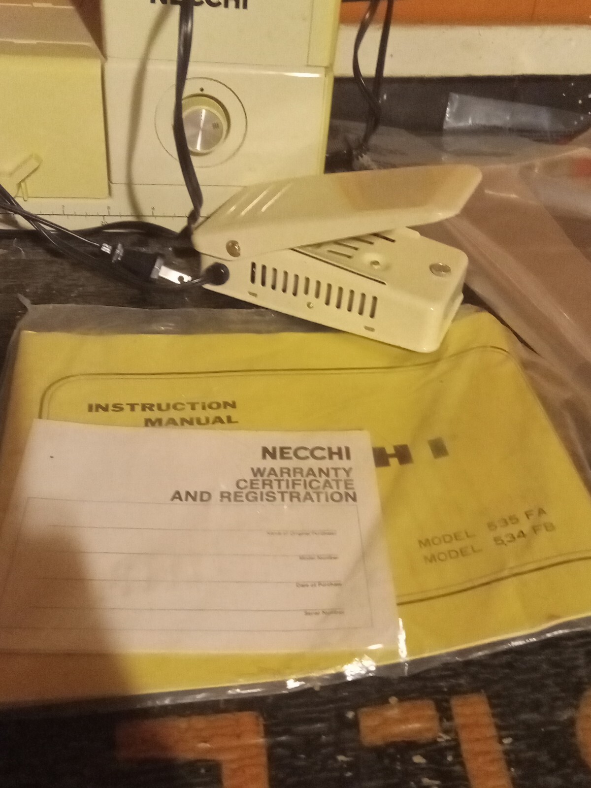 Necchi Model 535FA Sewing Machine with box, petal, and accessories